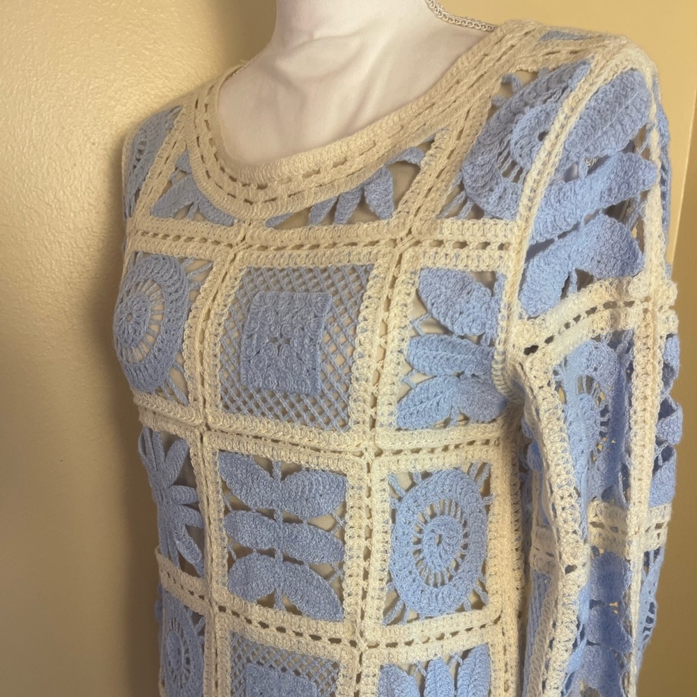 Ivory Crochet Lace Mini Dress S Granny Square Patchwork Boho Cottagecore Retro - Picture 11 of 14